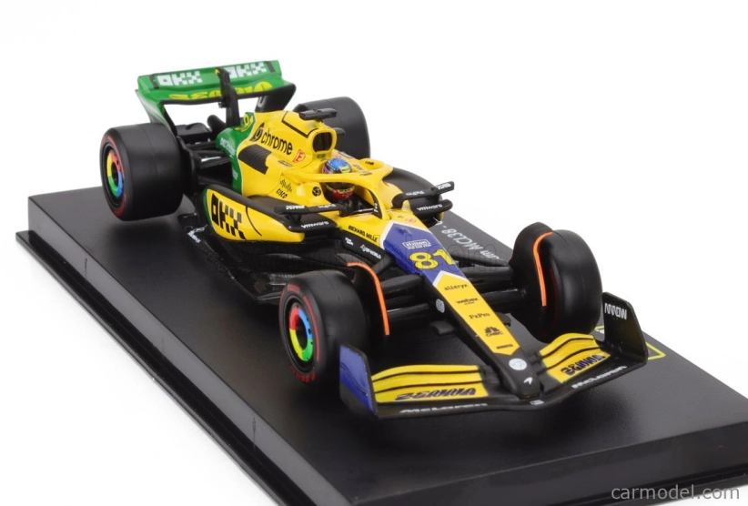 Bburago Mclaren F1  Mcl38 Team Mclaren N 81 2nd Monaco Gp (senna 30th Anniversary) 2024 Oscar Piastri - With Pilot And Showcase 1:43 Žlutá Zelená Černá