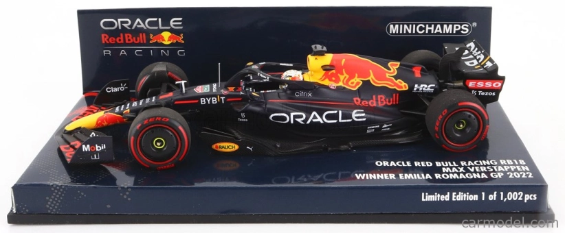 Minichamps Red bull F1 Rb18 Team Oracle Red Bull Racing N 1 Majster sveta Víťaz Emilia Romagna Taliansko Gp 2022 Max Verstappen 1:43 Matná modrá žltá červená