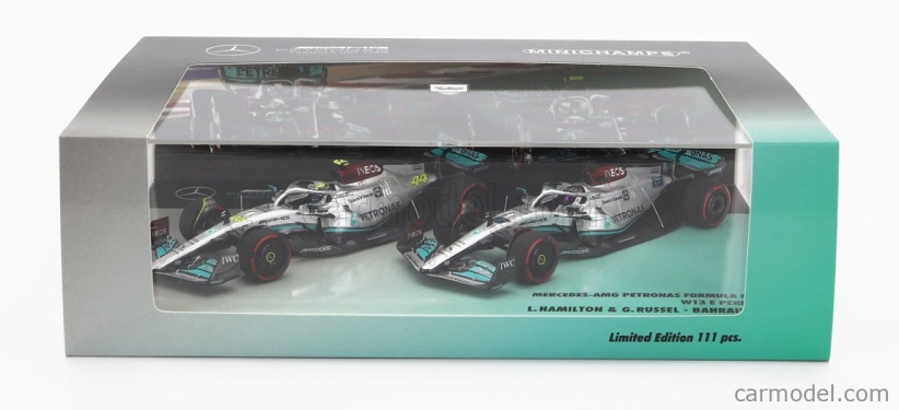 Minichamps Mercedes gp F1 Set 2x W13e Team Mercedes-amg Petronas F1 N 44 3. GP Bahrajnu 2022 Lewis Hamilton + N 63 4. GP Bahrajnu 2022 George Russel 1:43 Silver Green