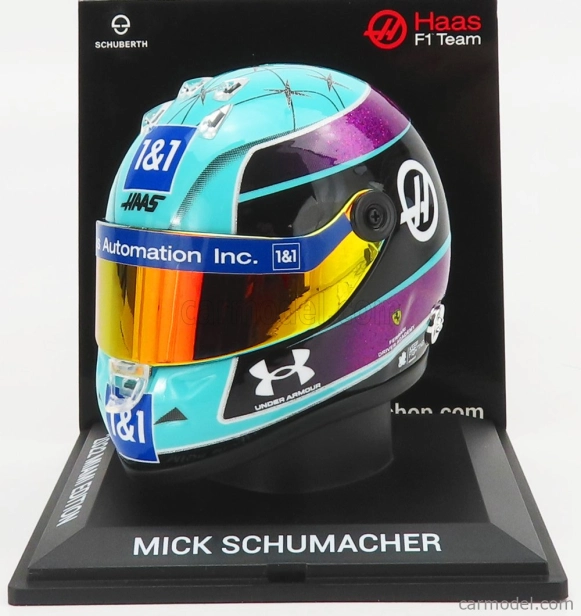 Mini prilba Schuberth prilba F1 Casco Prilba Vf-22 Team Haas N 47 Miami Gp 2022 Mick Schumacher 1:4 Light Blue Black