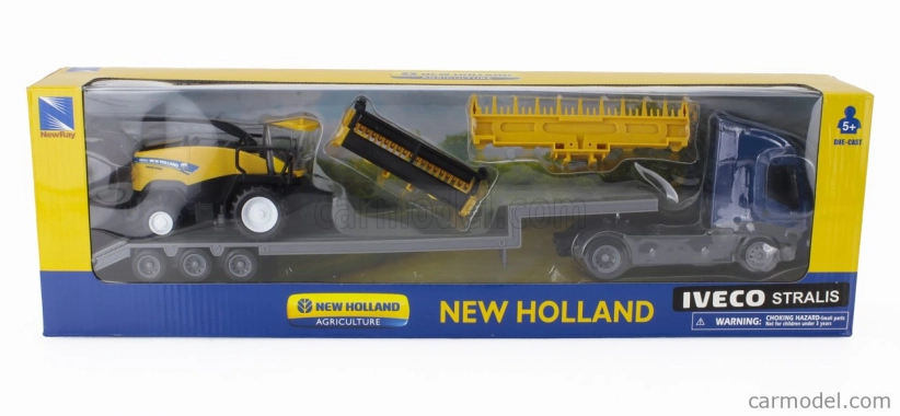 Newray Iveco fiat Stralis 540 Truck Pianale 2009 With New Holland Fr920 Mietitrebbia Gommata Harvester 1:43 Modrá Žlutá Černá