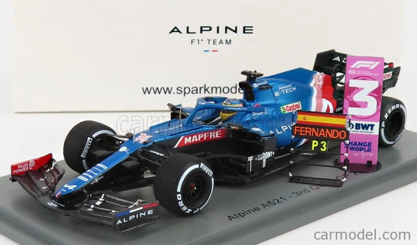Spark-model Renault F1 A521 Renault E-tech 20b Team Alpine N 14 3rd Qatar Gp With Pit Board 2021 Fernando Alonso 1:43 Modrá Met Červená Bílá