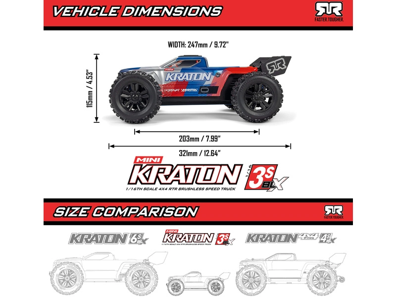 Arrma Mini Kraton 3S DSC BLX 1:16 4WD RTR červená/modrá
