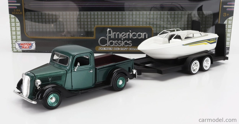 Motor-max Ford usa Pick-up With Trailer + Boat 1937 1:24 Zelená S Bílou