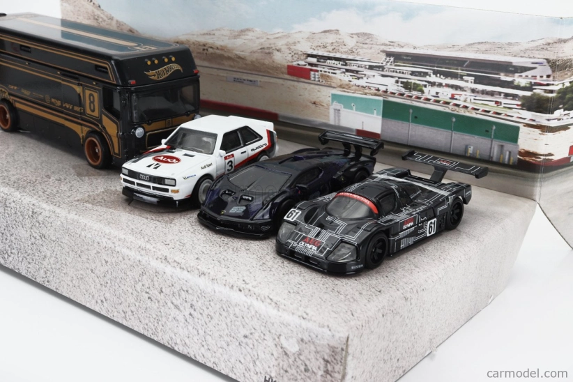 Mattel hot wheels Audi Set 4x Euro Hauler Car Transporter - Quattro Sport N 3 - Lamborghini Essenza - Sauber Mercedes N 61 24h Le Mans 1:64 Různé
