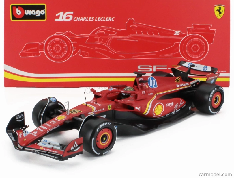 Bburago Ferrari F1 Sf-24 Team Scuderia Ferrari N 16 Winner Italy Monza Gp 2024 Charles Leclerc – Con Vetrina – With Showcase 1:18 červená biela čierna