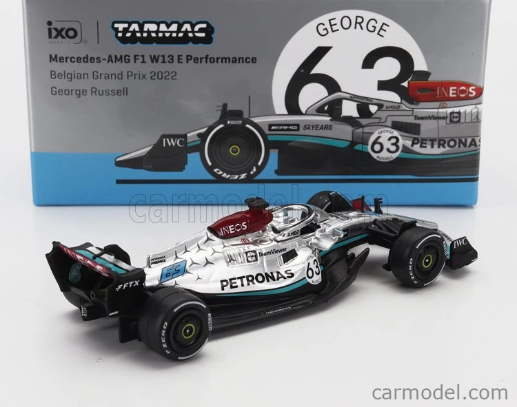 Tarmac Mercedes gp F1 W13e Team Mercedes-amg Petronas F1 N 63 4th Belgium Gp 2022 George Russell 1:64 Stříbrná Zelená