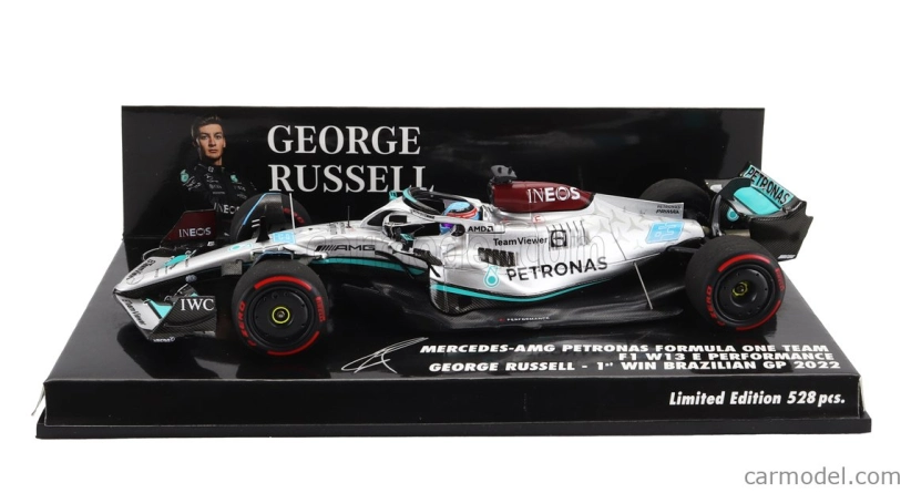 Minichamps Mercedes gp F1 W13e Team Mercedes-amg Petronas F1 N 63 (prvé víťazstvo v F1) Víťaz Brazilian Gp 2022 George Russell 1:43 Silver Green