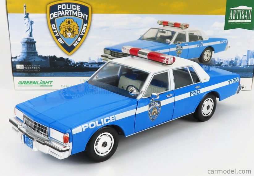 Greenlight Chevrolet Caprice Police New York City Departiment 1990 1:18 Svetlomodrá Biela