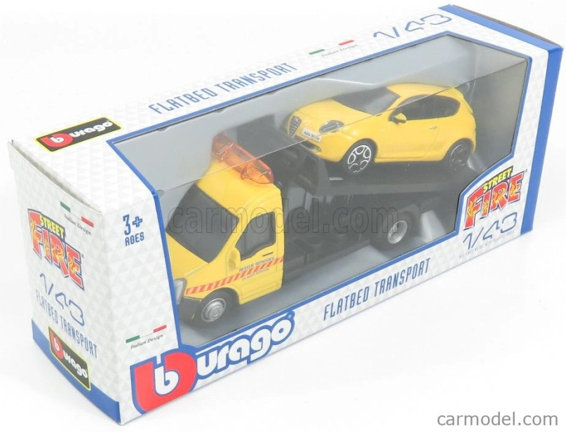Bburago Mercedes Benz Sprinter Soccorso Stradale s Alfa Romeo Mito 2010 – Carro Attrezzi – Wrecker Road Service 1:43 žltá