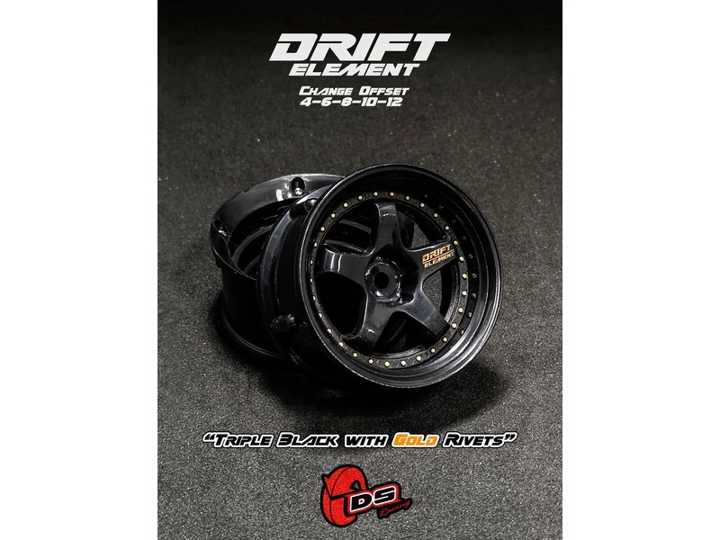 DS Racing Drift Element 5 Spoke disky, Trojitý černý se zlatými nýty, 2 ks