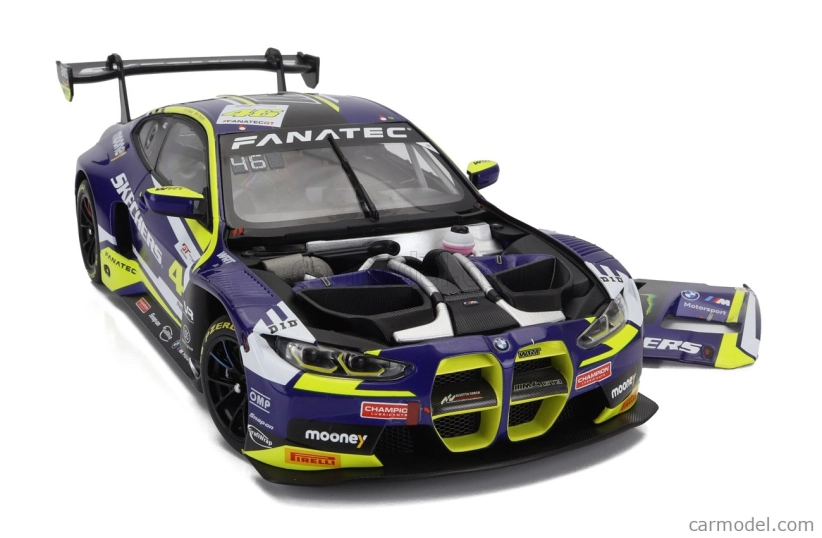 Minichamps BMW radu 4 M4 Gt3 Team Wrt N 46 Víťaz Gtwce Gt World Challenge Europe Sprint Cup Misano Taliansko 2023 - Valentino Rossi - Maxime Martin 1:18 Fialová Žltá Čierna