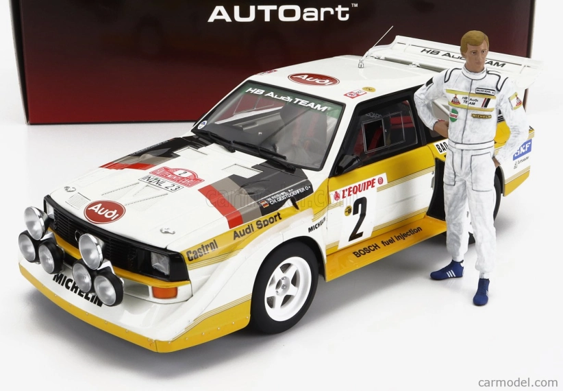 Autoart Audi Quattro Sport S1 (nočná verzia) N 2 4th Rally Montecarlo 1986 S figúrkou W.rohrl - C.geistdorfer 1:18 Žltá Biela Červená