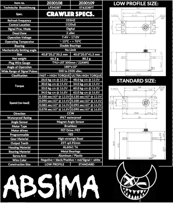 Servo Absima HV ST62DBFT Alu Digital Crawler-Spec. vodotěsné IP67, tah 38-62kg/cm