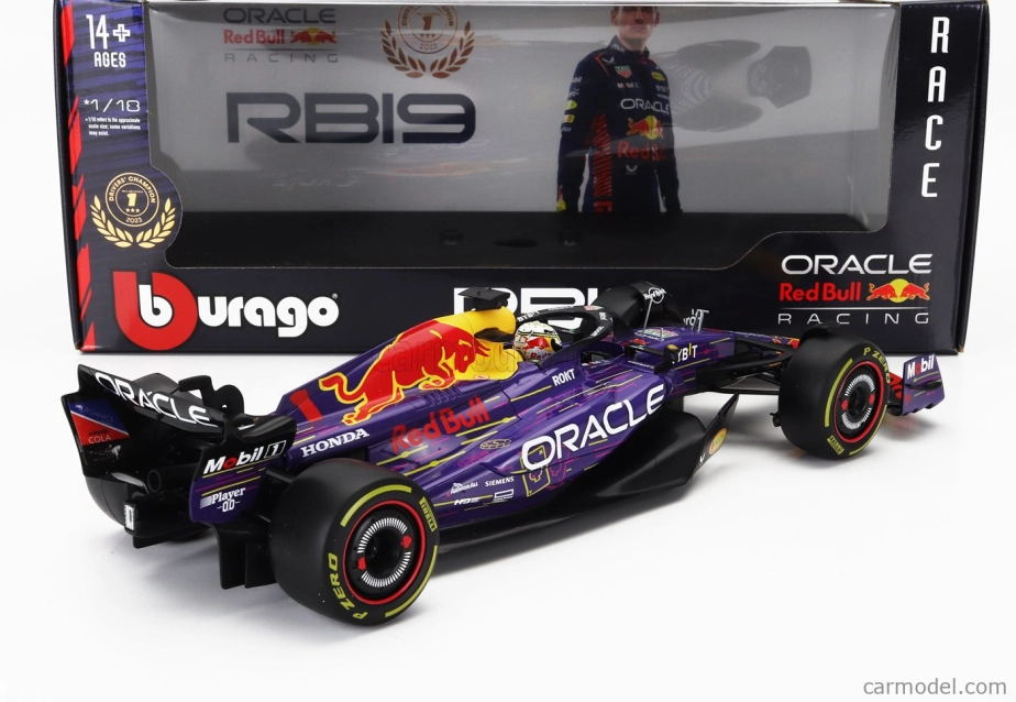 ROZBALENO - Bburago Red bull F1 Rb19 Team Oracle Red Bull Racing N 1 World Champion Winner Las Vegas Usa Gp 2023 Max Verstappen 1:18 Fialová Žlutá Červená
