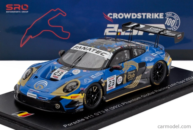 Spark-model Porsche 911 992 Gt3 R 4.2l Team Phantom Global Racing N 23 24h Spa 2024 Jaxon Evans - Joel Eriksson - Thomas Preining 1:43 Modrá