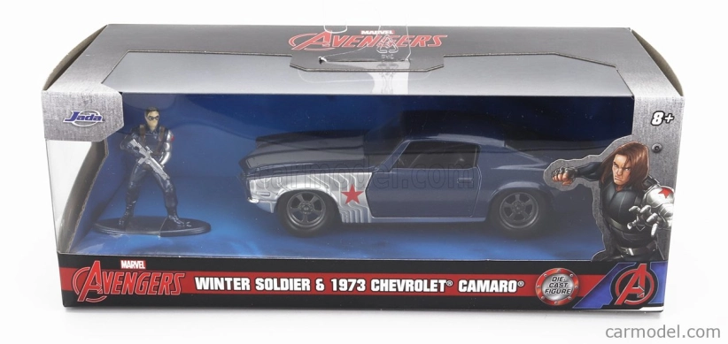 Jada Chevrolet Camaro Coupe 1973 s figúrkou zimného vojaka 1:32 modrá strieborná