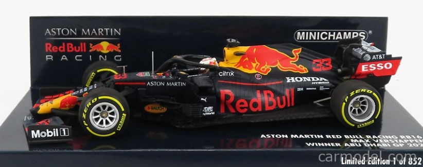 Minichamps Red bull F1 Rb16 Honda Team Aston Martin N 33 Winner Abu Dhabi GP 2020 Max Verstappen 1:43 Matná modrá červená žltá