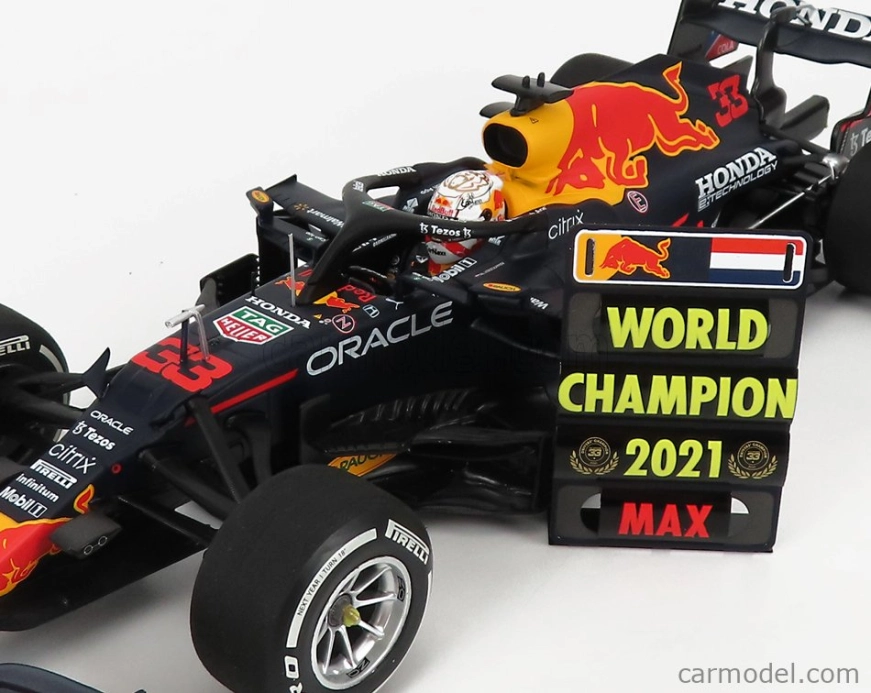 Minichamps Red bull F1 Rb16b Honda Ra620h Team Aston Martin N 33 Winner Abu Dhabi Gp With Pit Board World Champion 2021 Max Verstappen 1:18 Matná modrá žltá červená