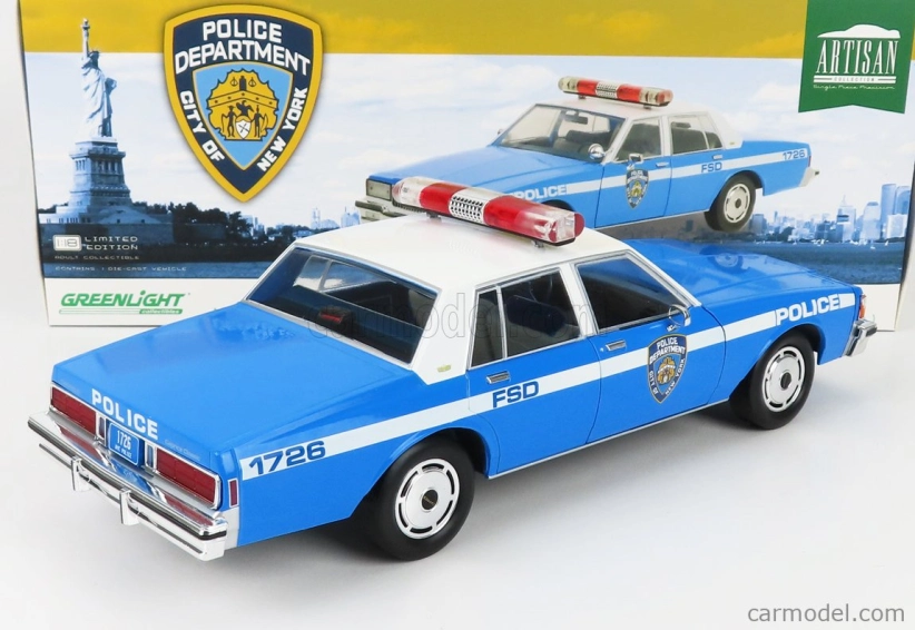 Greenlight Chevrolet Caprice Police New York City Departiment 1990 1:18 Svetlomodrá Biela