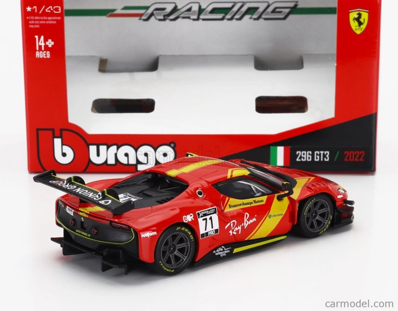 Bburago Ferrari 296 Gt3 3.0l Twin Turbo V6 N 71 Racing 2023 1:43 červená žltá