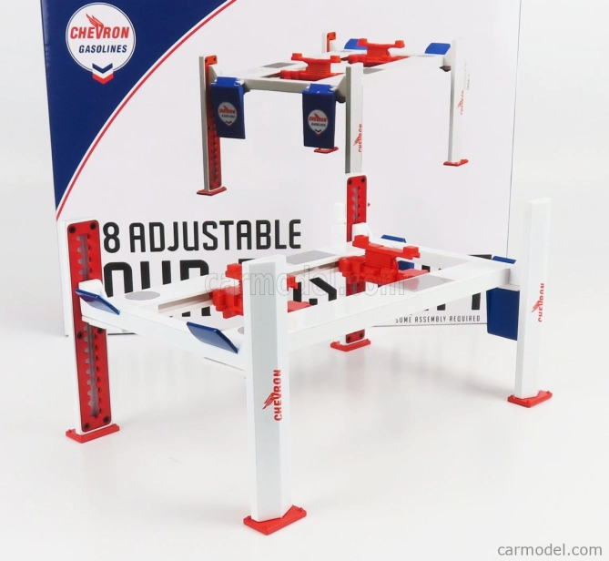 Greenlight Accessories Garážová súprava Chevron Officina - Ponte Sollevatore Auto - Four Post Lift 1:18 Biela červená modrá