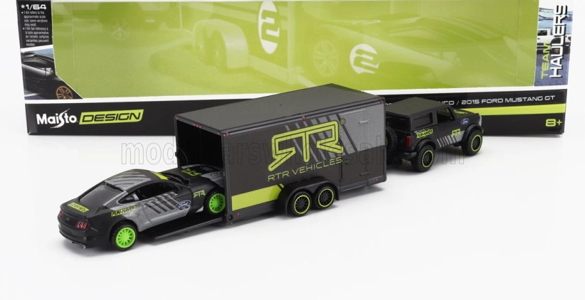 Maisto Ford usa Bronco 2021 With Trailer Car Transporter + Mustang GT Coupe RTR Vehicles 1:64 Šedá Žlutá