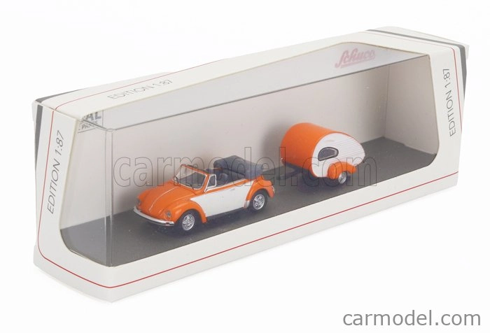 Schuco Volkswagen Beetle Cabriolet With Caravan Trailer 1960 1:87 Oranžová Bílá
