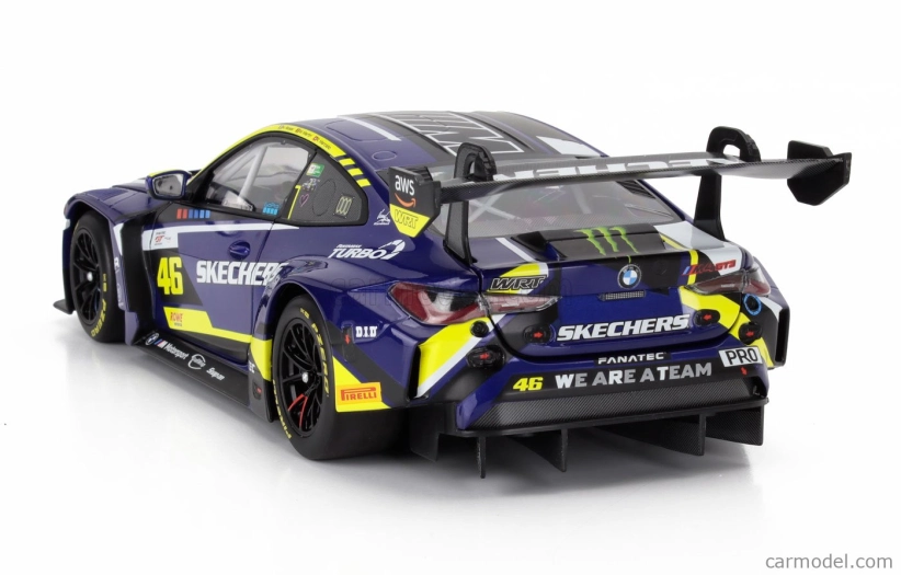 Minichamps BMW radu 4 M4 Gt3 Team Wrt N 46 4h Le Castellet 2024 Valentino Rossi - Maxime Martin - Raffaele Marciello 1:18 Modrá Žltá Čierna