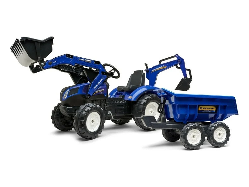 FALK – Šliapací traktor New Holland T8 s nakladačom, rýpadlom a maxi vlečkou