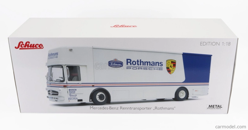 Schuco Mercedes benz O317 Truck Car Transporter Porsche Rothmans 1984 1:18 Bílá Modrá