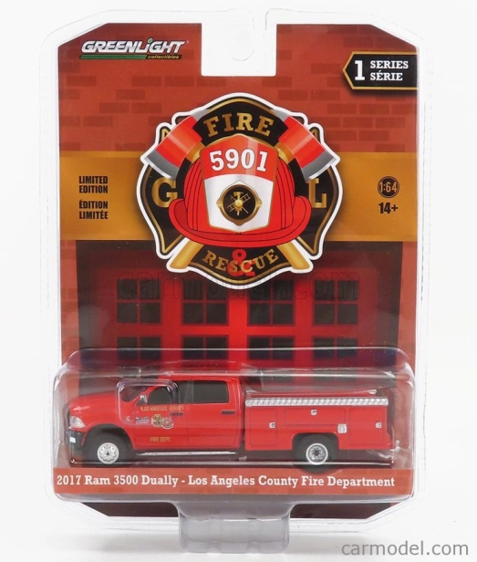 Greenlight Dodge Ram 3500 Pick-up Double Cabine Los Angeles Fire Engine Department 2017 1:64 Red