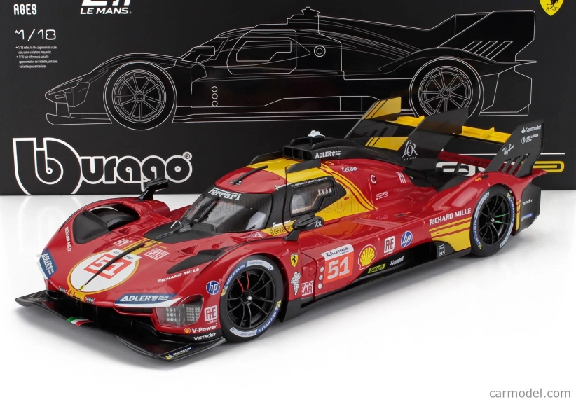 Bburago Ferrari 499p 3.0l Turbo V6 Team Ferrari Af Corse N 51 3rd 24h Le Mans 2024 Alessandro Pier Guidi - James Calado - Antonio Giovinazzi - Con Vetrina - With Showcase 1:18 Red
