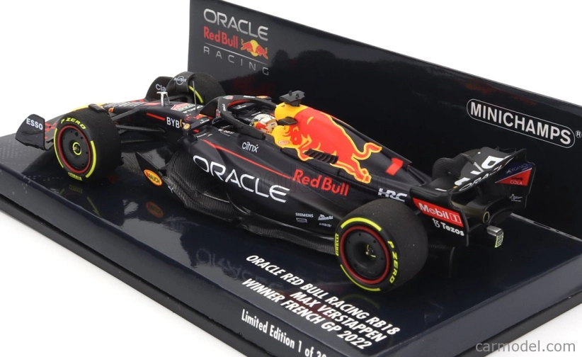 Minichamps Red bull F1 Rb18 Team Oracle Red Bull Racing N 1 Víťaz majstrovstiev sveta Francúzska 2022 Max Verstappen 1:43 Matná modrá žltá červená