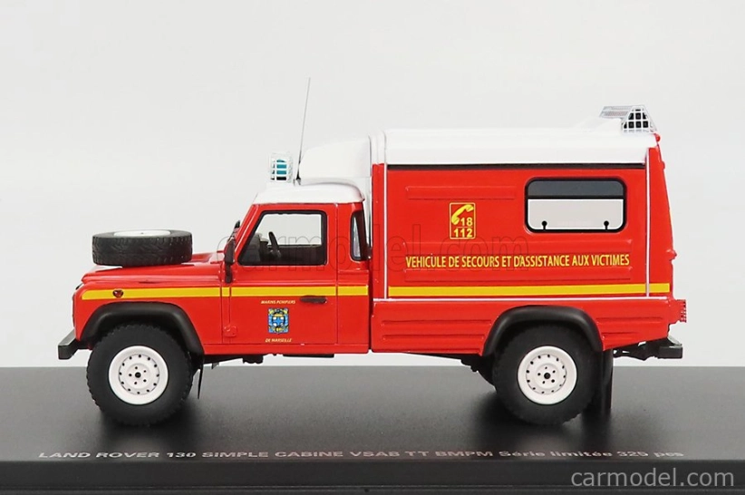 Alarme Land rover Defender 130 Pick-up Closed Vsab Tt Bmpm Sapeurs Pompiers Vehicule De Secours Et D'assistance Aux Victimes 1986 1:43 Red White
