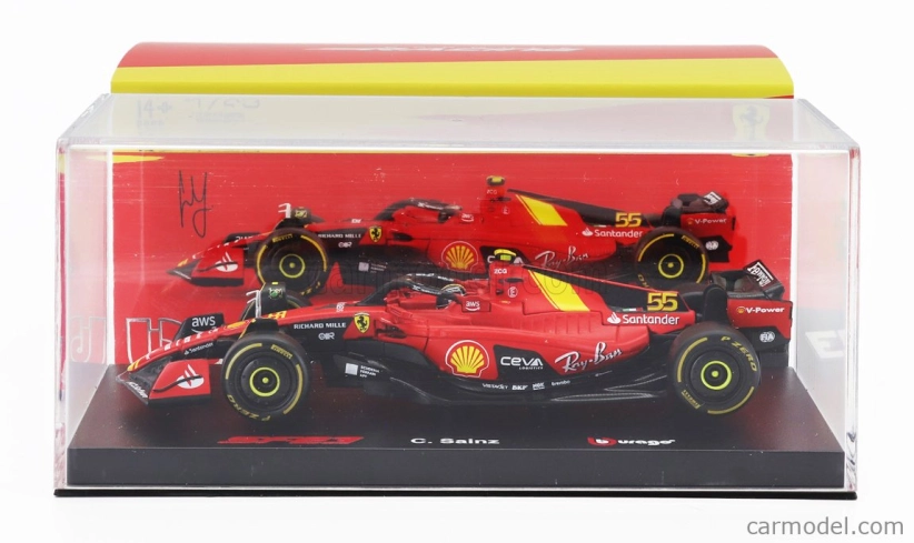 Bburago Ferrari F1 Sf-23 Team Scuderia Ferrari N 55 Pole Position 3rd Monza Italy Gp 2023 Carlos Sainz – With Pilot And Showcase 1:43 červená čierna žltá