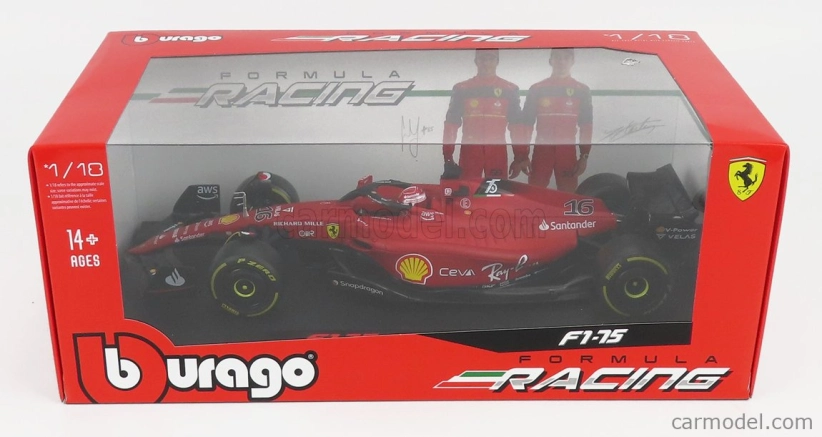 Bburago Ferrari F1-75 Scuderia Ferrari N 16 Season 2022 Charles Leclerc 1:18, červená