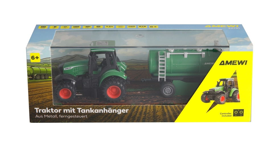 Kovový RC traktor s cisternou 1:64 RTR zelený, 3 rýchlostné stupne, LED svetlá