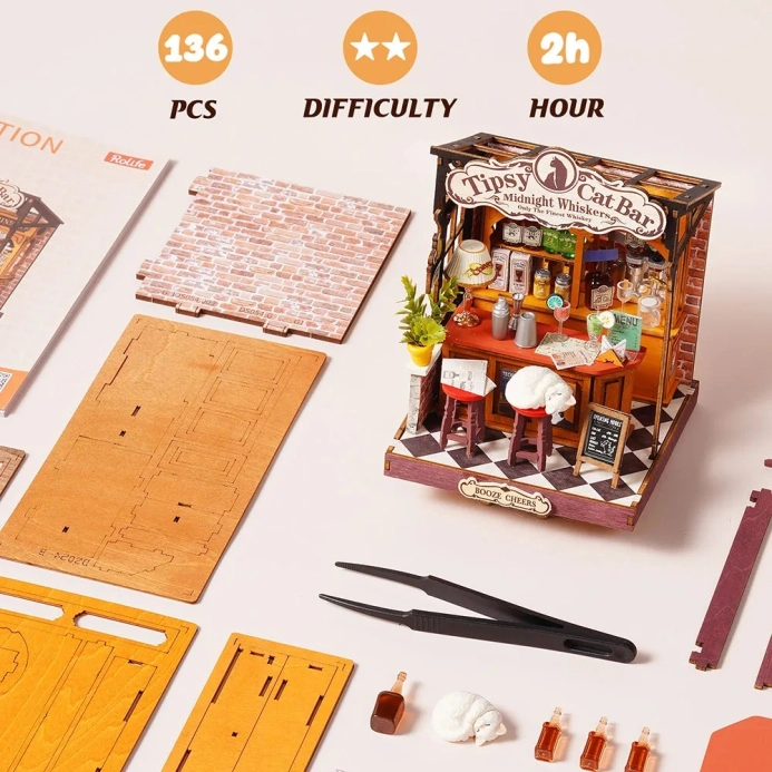 RoboTime 3D dřevěná skládačka Miniatura domečku Tipsy Cat Bar