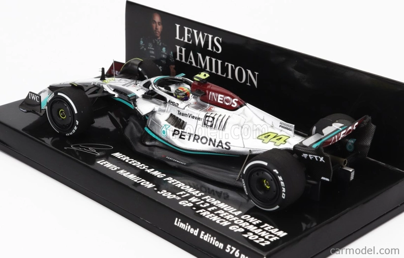 Minichamps Mercedes gp F1 W13e Team Mercedes-amg Petronas F1 N 44 (300th F1 Grand Prix) 2nd France Gp 2022 Lewis Hamilton 1:43 Stříbrná Zelená