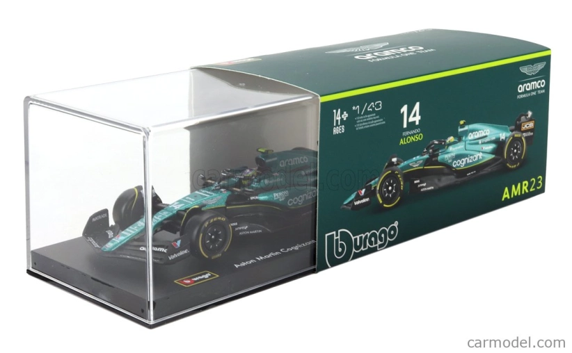 Bburago Aston martin F1 Amr23 Team Aramco Cognizant N 14 Season 2023 Fernando Alonso – With Pilot And Showcase 1:43 zelená