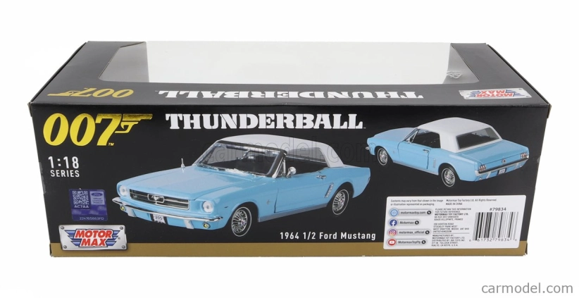 Motor-max Ford usa Mustang Convertible Spider 1967 - 007 James Bond - Thunderball - Operazione Tuono 1:18 Světle Modrá Bílá