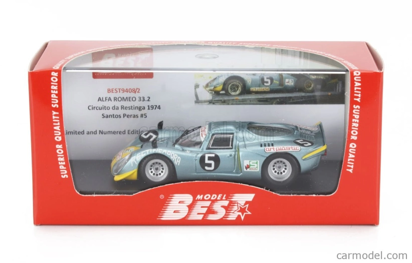 Best-model Alfa romeo 33.2 N 5 Circuito De Restinga 1974 Santos Peras 1:43 Světle Modrá Žlutá