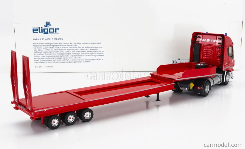 Eligor Iveco fiat Stralis 480xp Truck Rimorchio Pianale Trasporto Mezzi Movimento Terra Vigili Del Fuoco 2016 1:43 Red