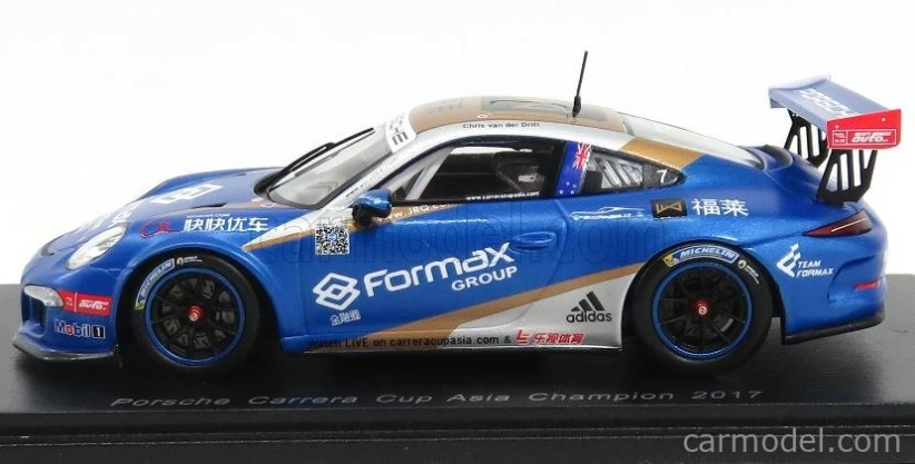 Spark-model Porsche 911 991 Gt3 N 7 Champion Porsche Carrera Cup Asia 2017 V.der Drift 1:43 Blue