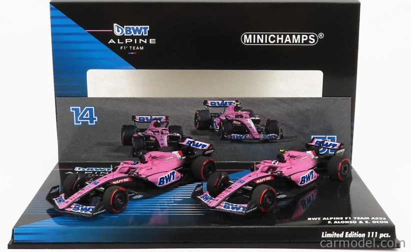 Minichamps Renault F1 Set 2x A522 Team Alpine Bwt N 14 Bahrain GP 2022 Fernando Alonso + N 31 Bahrain GP 2022 Esteban Ocon 1:43 Pink