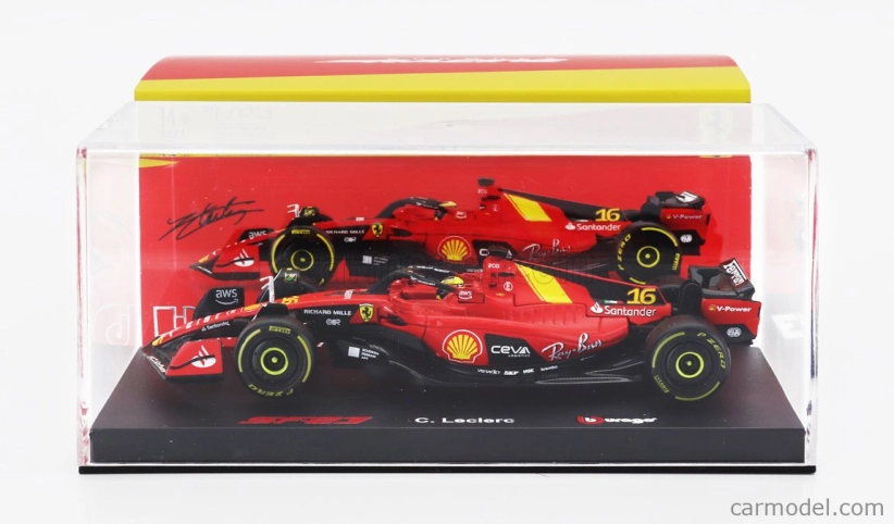 Bburago Ferrari F1 Sf-23 Team Scuderia Ferrari N 16 4th Monza Italy Gp 2023 Charles Leclerc – With Pilot And Showcase 1:43 červená čierna žltá