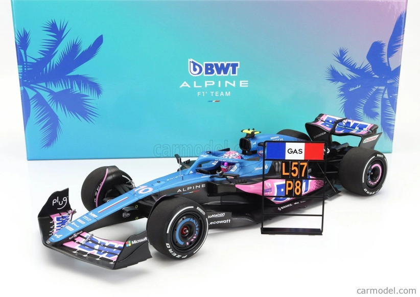Minichamps Renault F1  A523 Team Bwt Alpine N 10 8th Miami Gp With Pit Board 2023 Pierre Gasly 1:18 Modrá Černá Růžová