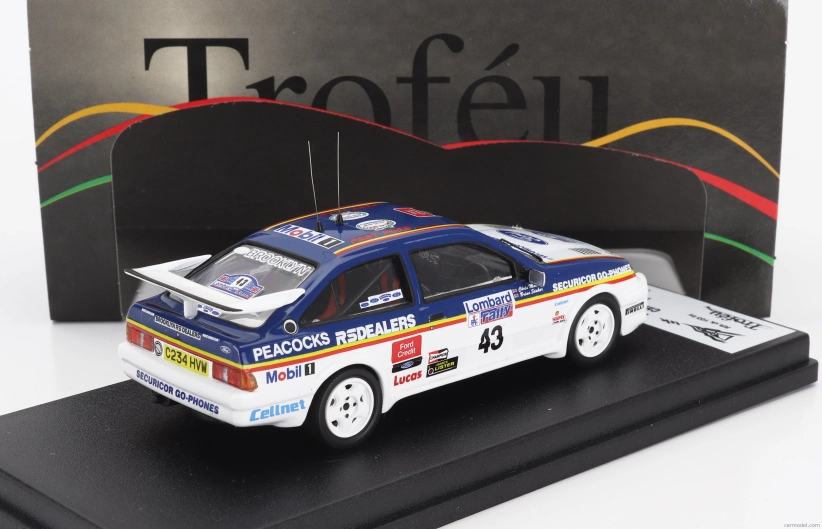 Trofeu Ford england Sierra Rs Cosworth N 43 Rally Rac Lombard 1986 Chris Mellors - Brian Staker 1:43 Modrá Bílá