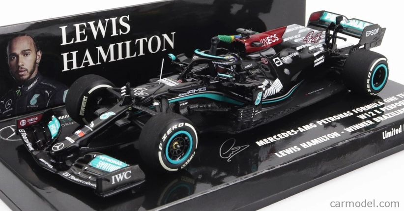 Minichamps Mercedes gp F1 W12 Mercedes M12 Eq Power+ Team Amg Petronas Motorsport Formula One N 44 Winner Brazilian Gp (with Flag) 2021 Lewis Hamilton 1:43 Black Green